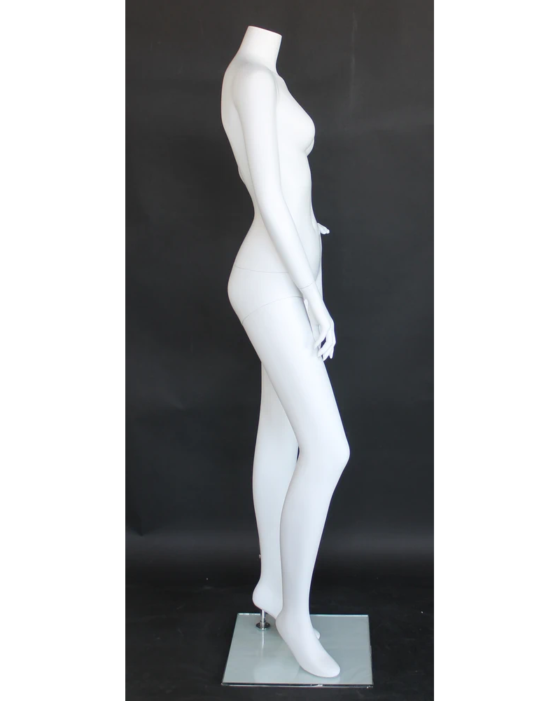 Headless female mannequin with left hand on hip in matte white