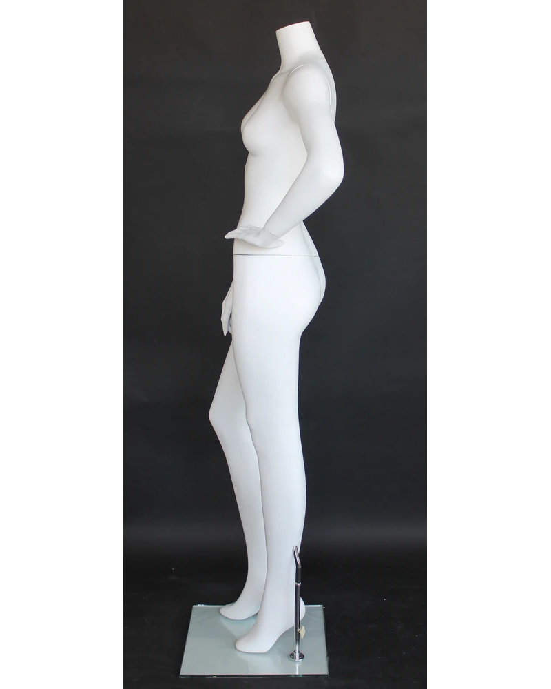 Headless female mannequin with left hand on hip in matte white