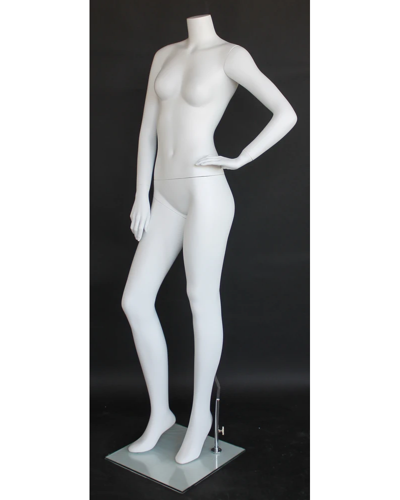 Headless female mannequin with left hand on hip in matte white