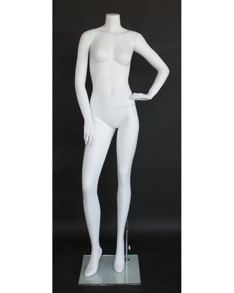 Headless female mannequin with left hand on hip in matte white