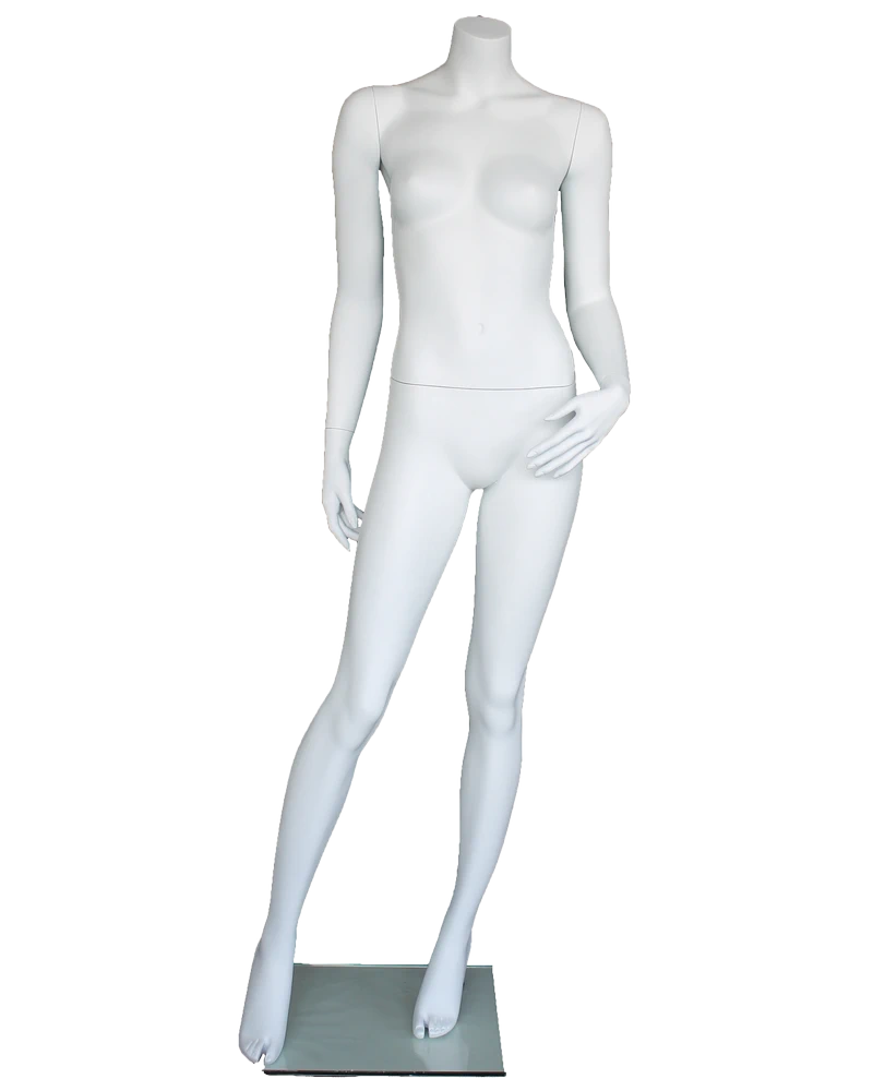 Headless female mannequin with arm behind back in matte white