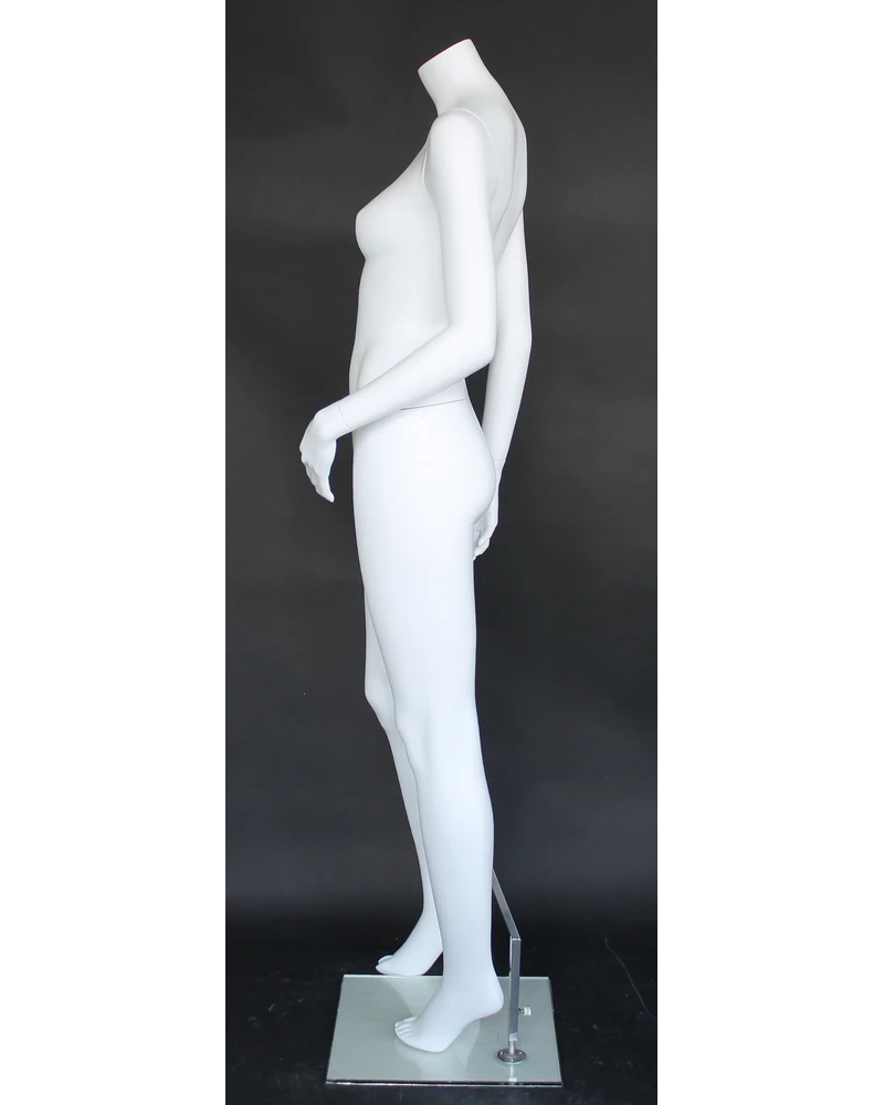 Headless female mannequin with arm behind back in matte white