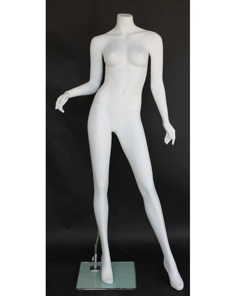 Headless female mannequin with bent right arm in matte white