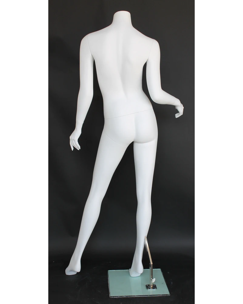 Headless female mannequin with bent right arm in matte white