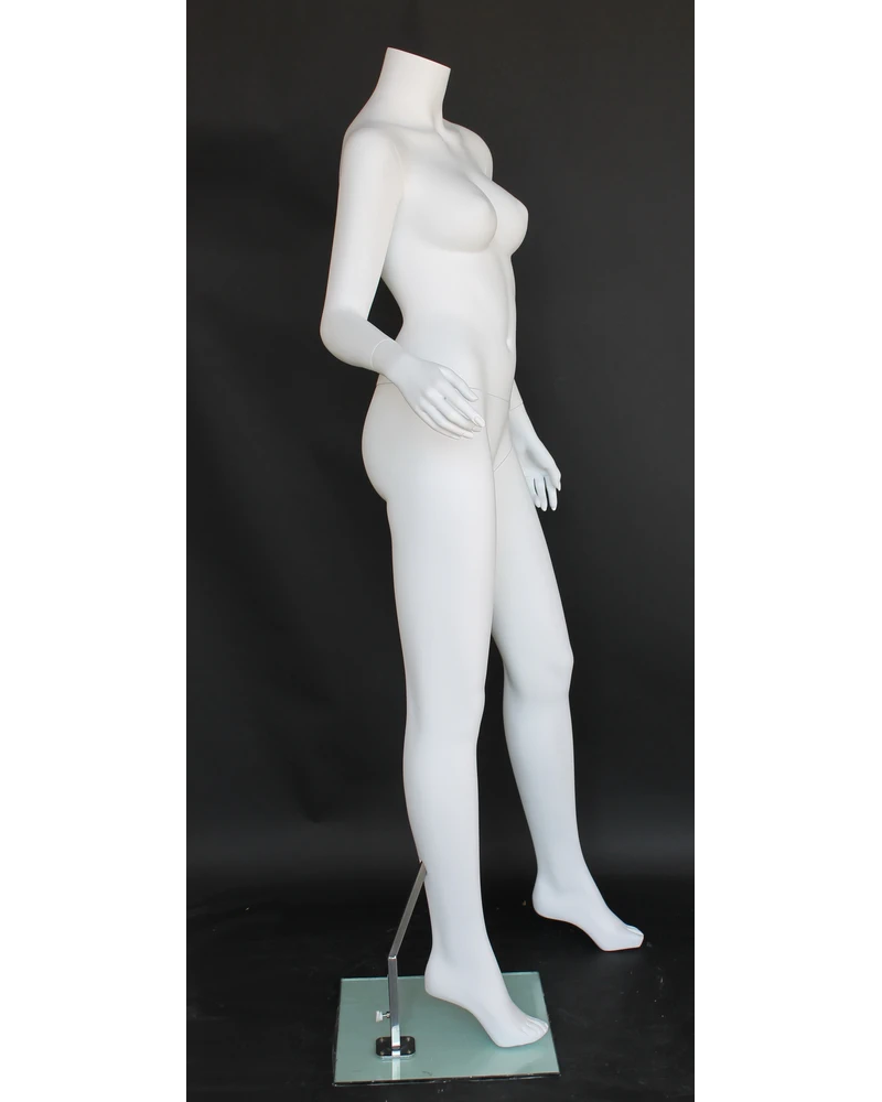 Headless female mannequin with bent right arm in matte white
