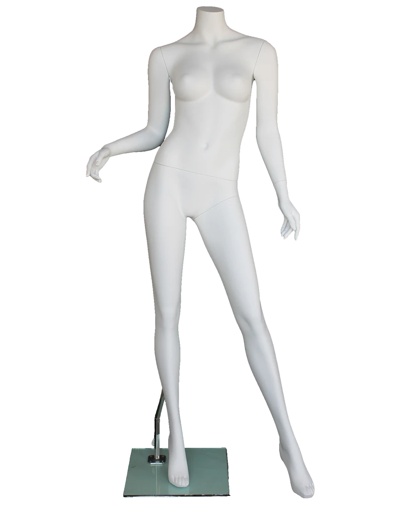 Headless female mannequin with bent right arm in matte white