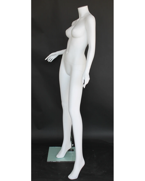 Headless female mannequin with bent right arm in matte white