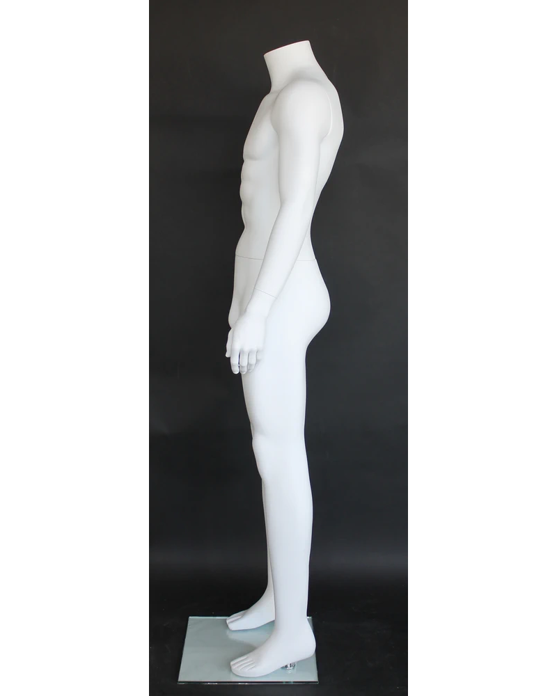 Relaxed arms-at-sides headless male mannequin in matte white, STM006-WT