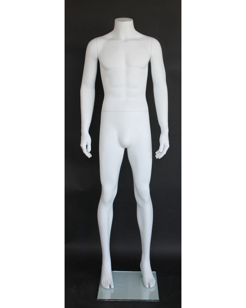 Relaxed arms-at-sides headless male mannequin in matte white, STM006-WT