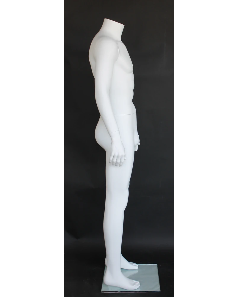 Relaxed arms-at-sides headless male mannequin in matte white, STM006-WT