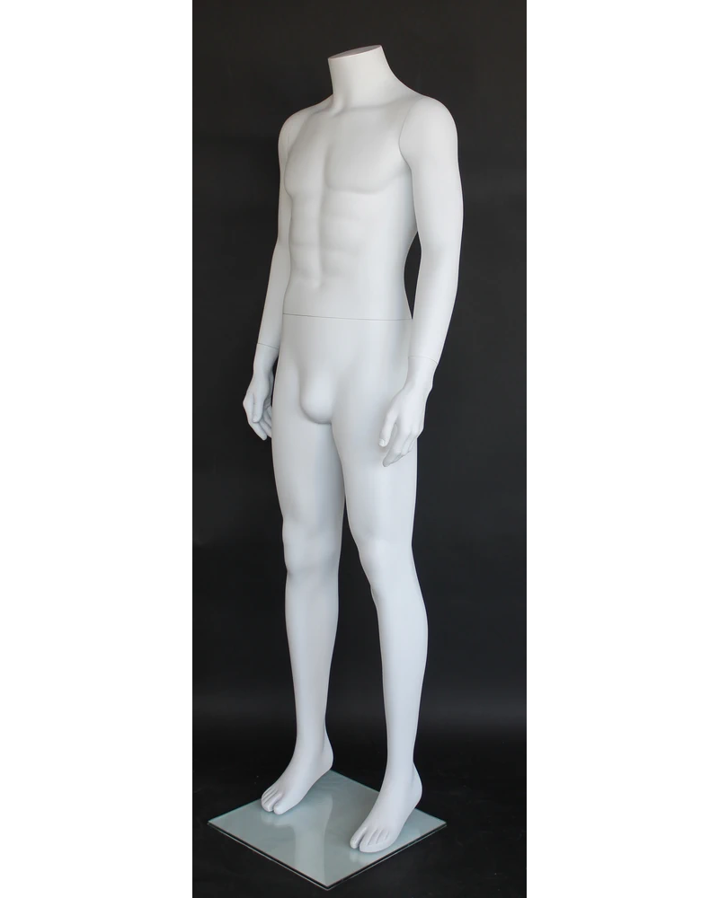 Relaxed arms-at-sides headless male mannequin in matte white, STM006-WT