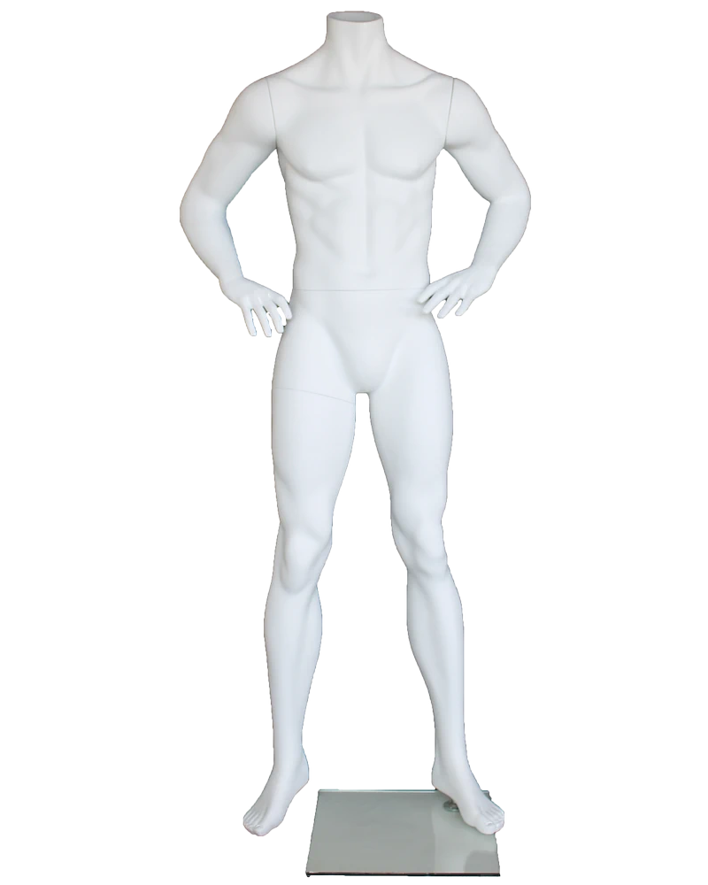 Hands-on-hips headless male mannequin in matte white, STM011-WT