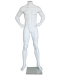 Hands-on-hips headless male mannequin in matte white, STM011-WT