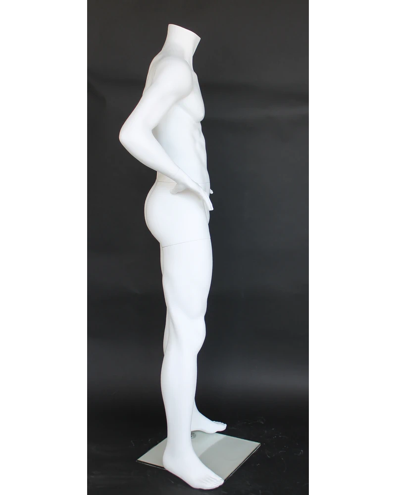 Hands-on-hips headless male mannequin in matte white, STM011-WT