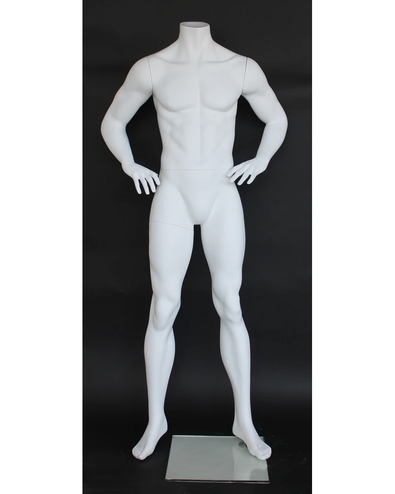 Hands-on-hips headless male mannequin in matte white, STM011-WT