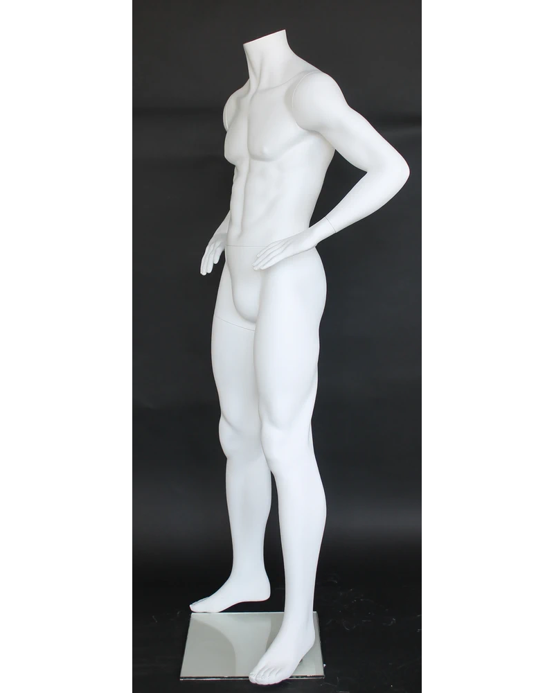Hands-on-hips headless male mannequin in matte white, STM011-WT