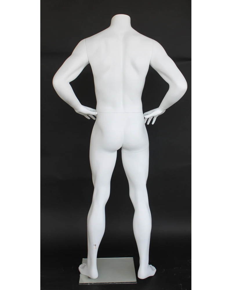 Hands-on-hips headless male mannequin in matte white, STM011-WT