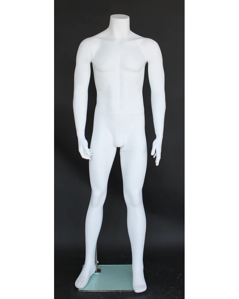 Arms-at-sides headless male mannequin in matte white, STM001-WT