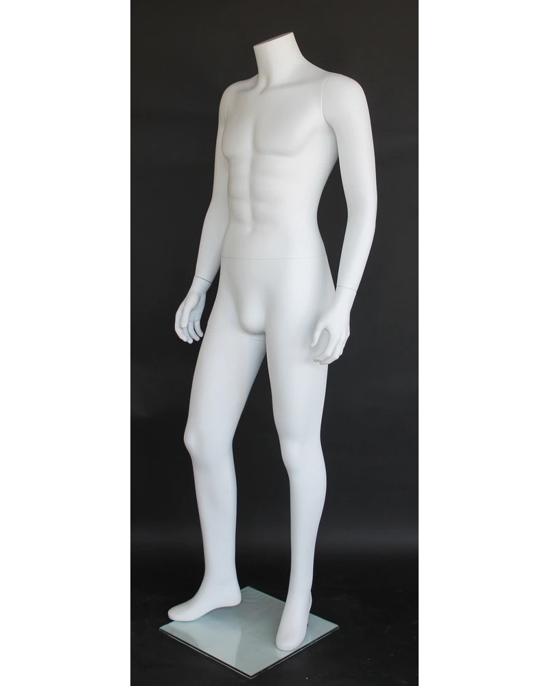 Right-leg-forward headless male mannequin in matte white, STM005-WT
