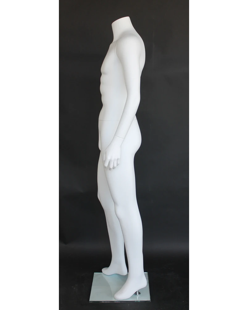 Right-leg-forward headless male mannequin in matte white, STM005-WT