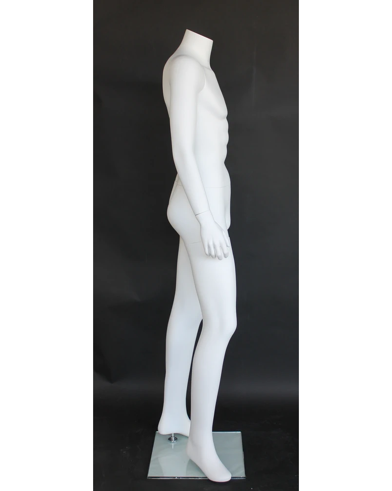 Right-leg-forward headless male mannequin in matte white, STM005-WT