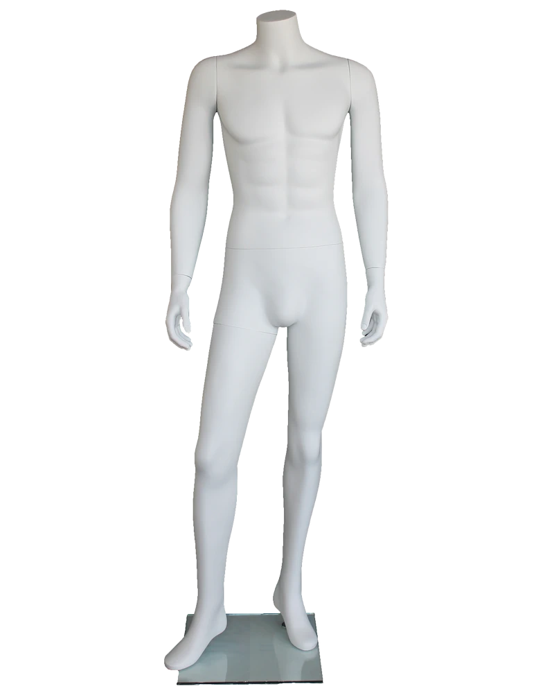 Right-leg-forward headless male mannequin in matte white, STM005-WT
