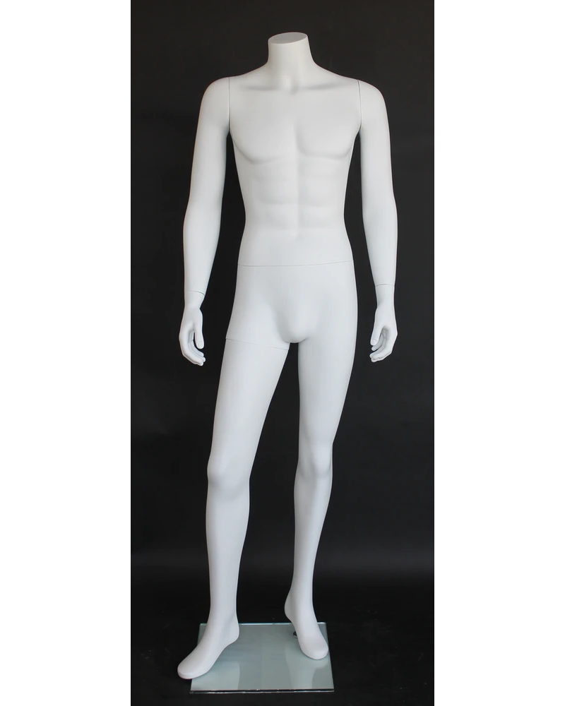 Right-leg-forward headless male mannequin in matte white, STM005-WT