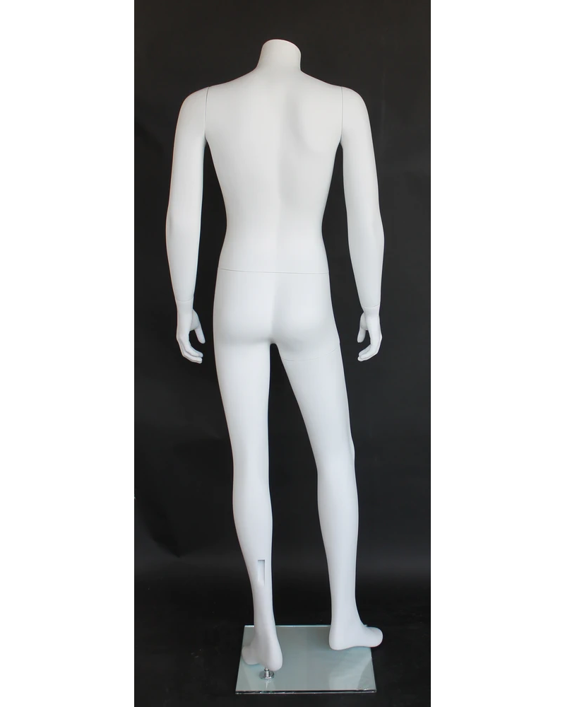 Right-leg-forward headless male mannequin in matte white, STM005-WT