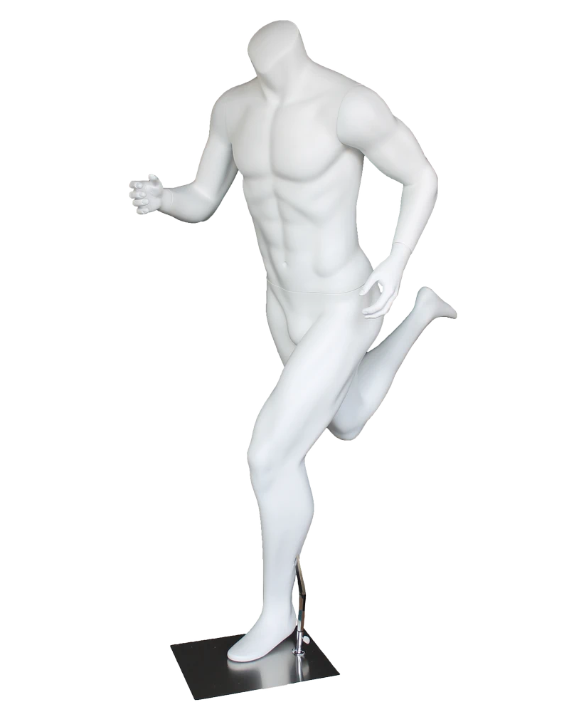 Headless running male mannequin in matte white