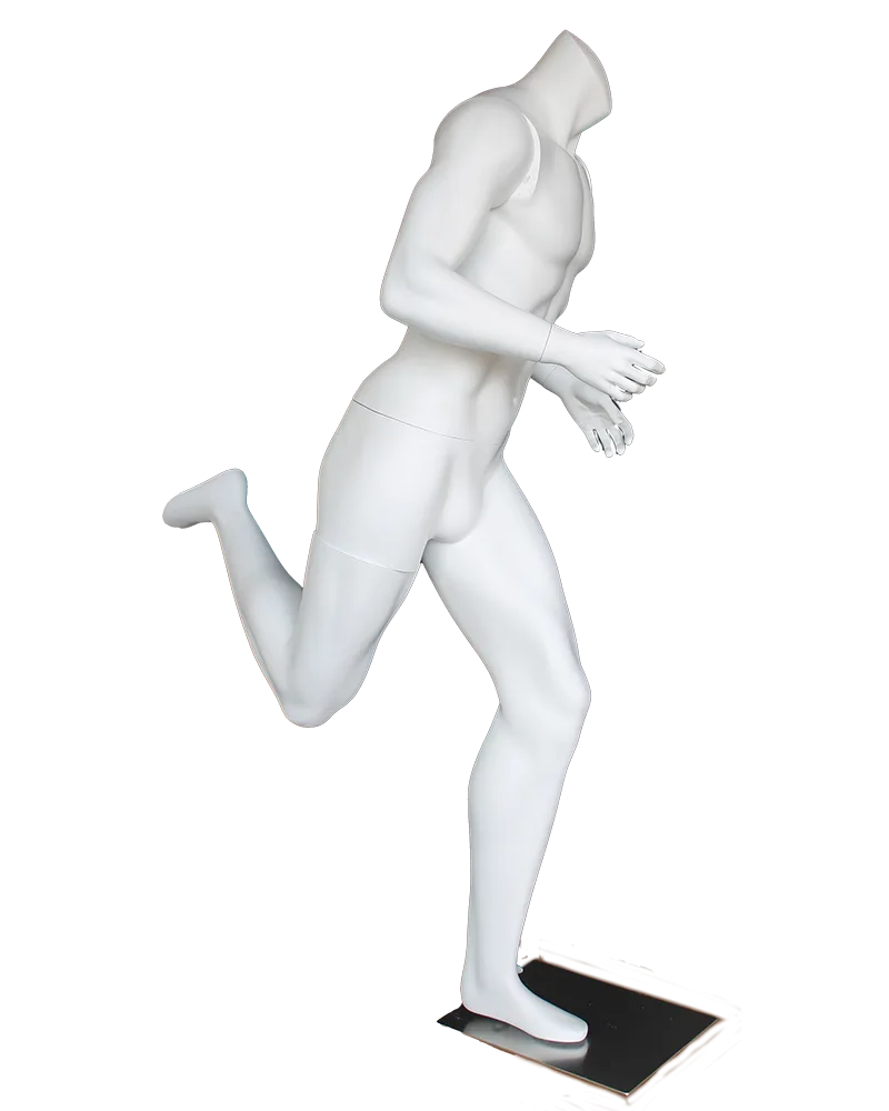 Headless running male mannequin in matte white