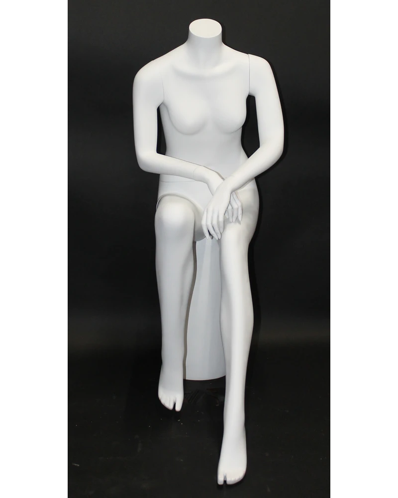 Seated headless female mannequin in matte white