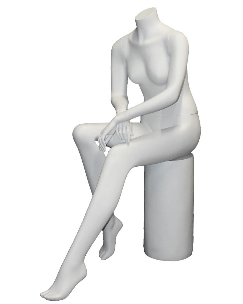Seated headless female mannequin in matte white