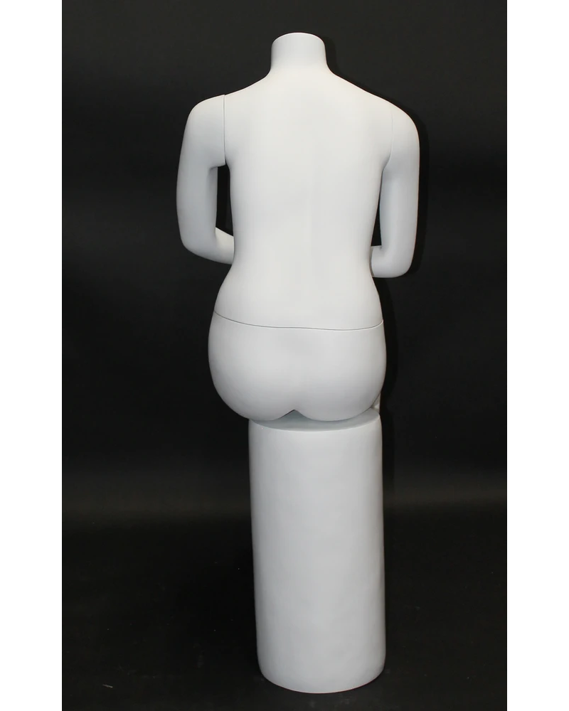 Seated headless female mannequin in matte white