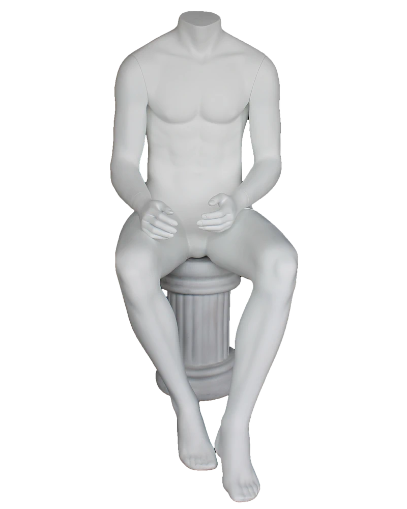 Seated headless male mannequin in matte white, STM050-WT