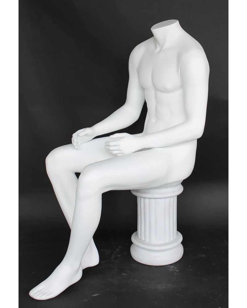 Seated headless male mannequin in matte white, STM050-WT