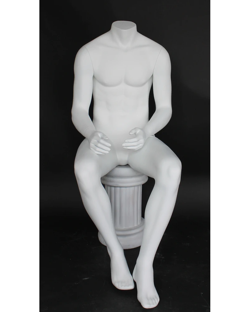 Seated headless male mannequin in matte white, STM050-WT