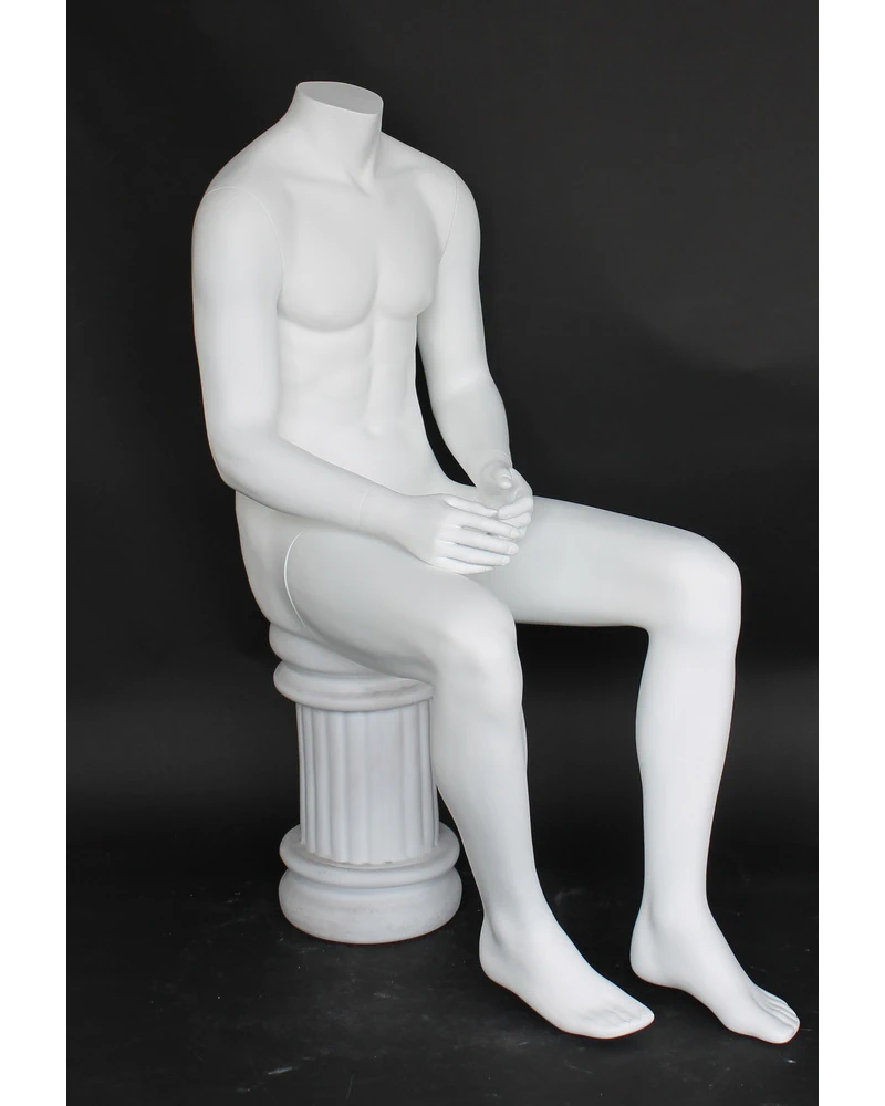 Seated headless male mannequin in matte white, STM050-WT