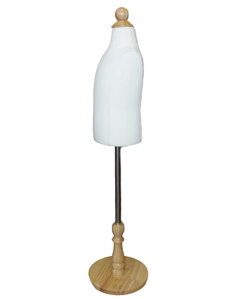Size 2T/3T child torso dress form in cream white jersey with round wooden base, KID-KT1