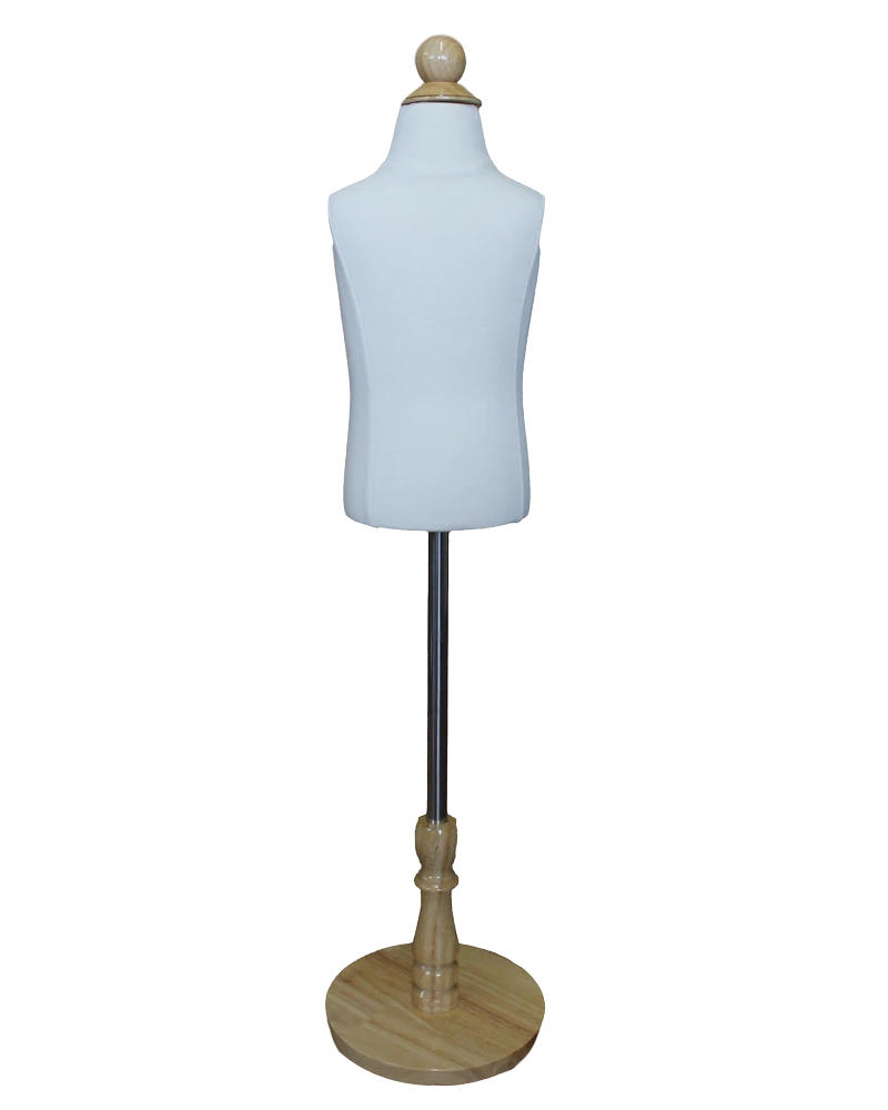 Size 2T/3T child torso dress form in cream white jersey with round wooden base, KID-KT1