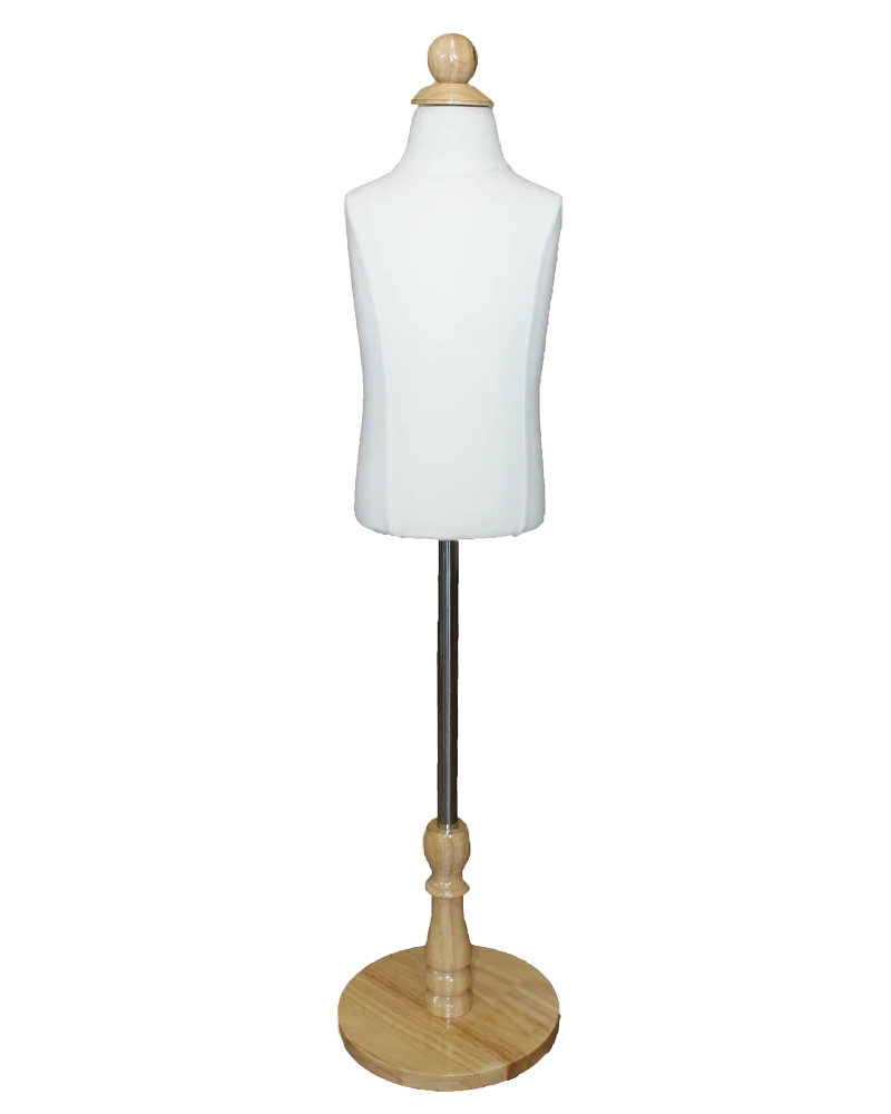 Size 2T/3T child torso dress form in cream white jersey with round wooden base, KID-KT1