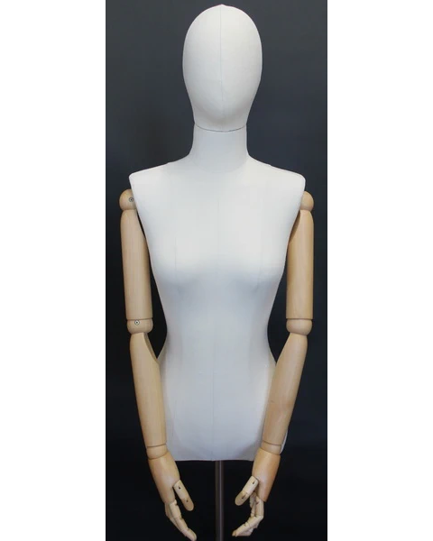 Size 4 female half body linen dress form with egg head, wooden arms and floor metal base