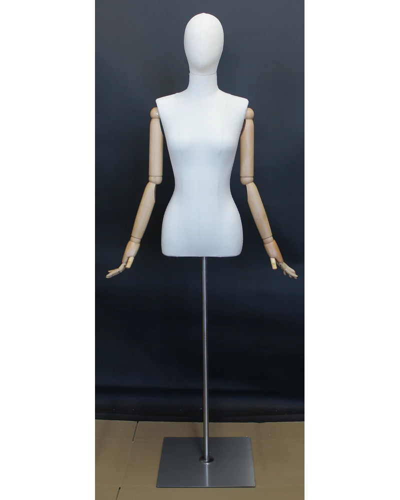 Size 4 female half body linen dress form with egg head, wooden arms and floor metal base