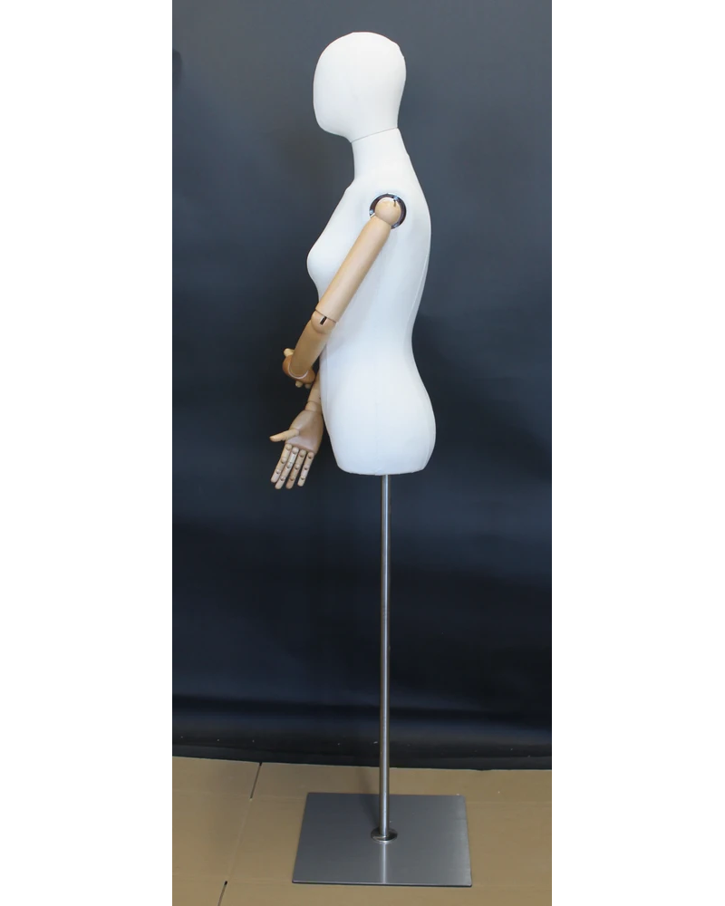 Size 4 female half body linen dress form with egg head, wooden arms and floor metal base