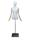 Size 4 female half body linen dress form with egg head, wooden arms and floor metal base