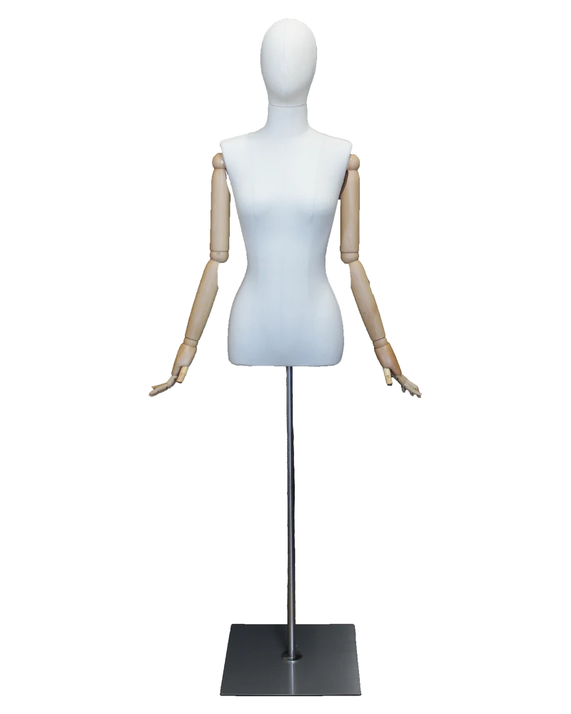 Size 4 female half body linen dress form with egg head, wooden arms and floor metal base