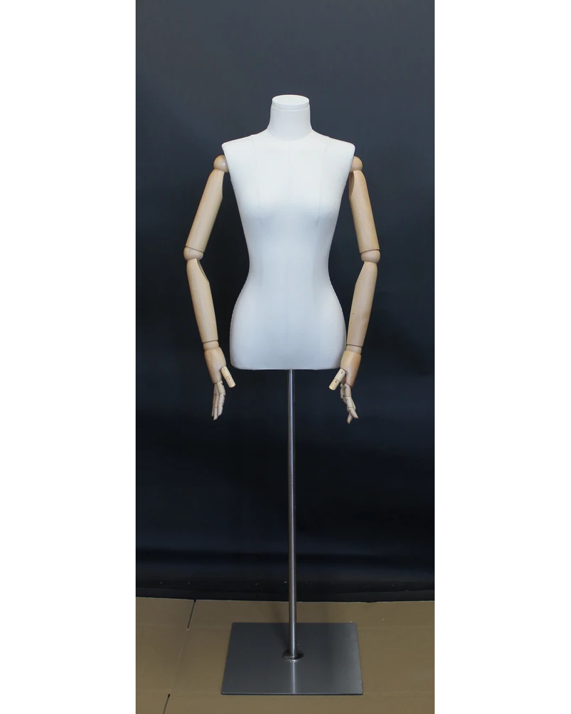 Size 4 female half body linen dress form with egg head, wooden arms and floor metal base