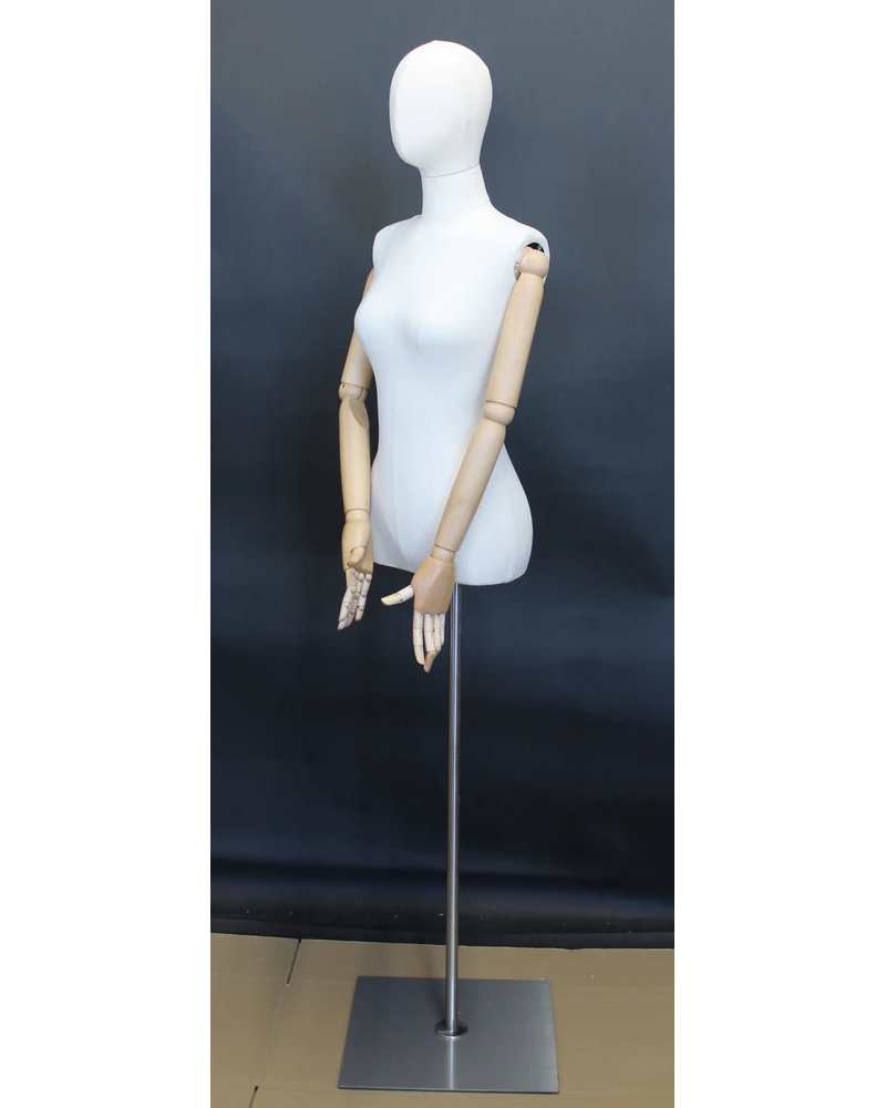 Size 4 female half body linen dress form with egg head, wooden arms and floor metal base