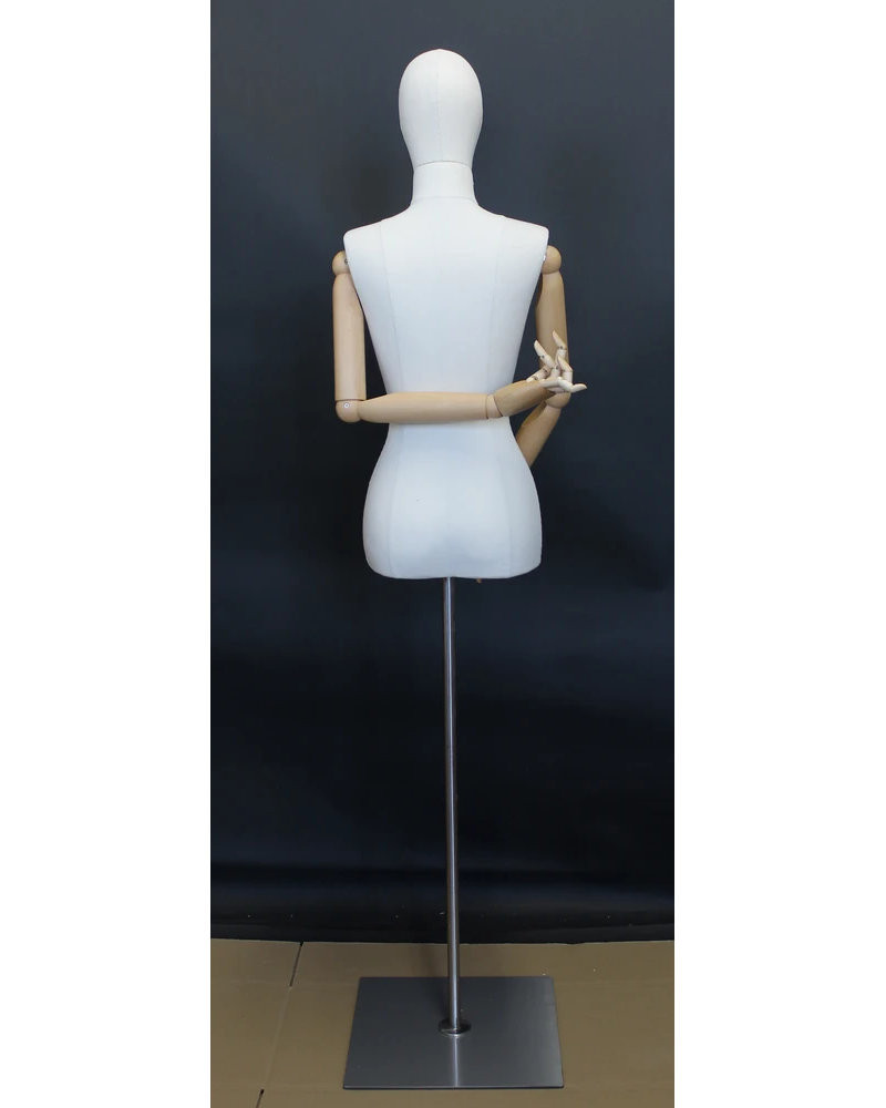 Size 4 female half body linen dress form with egg head, wooden arms and floor metal base