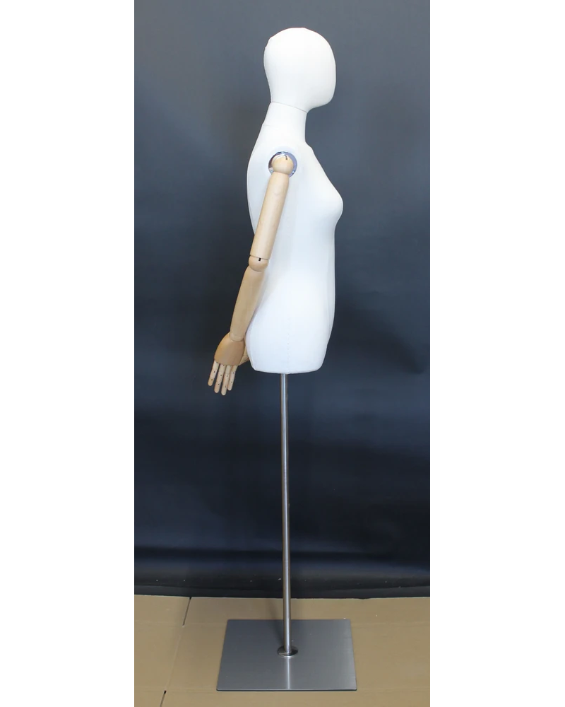 Size 4 female half body linen dress form with egg head, wooden arms and floor metal base