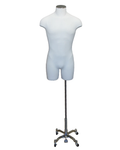 Off-white linen male 3/4 body dress form on chrome 4-wheel base, MDF4-DMB-CH